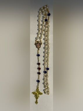 Gold-tone Rosary with red, white and blue beads